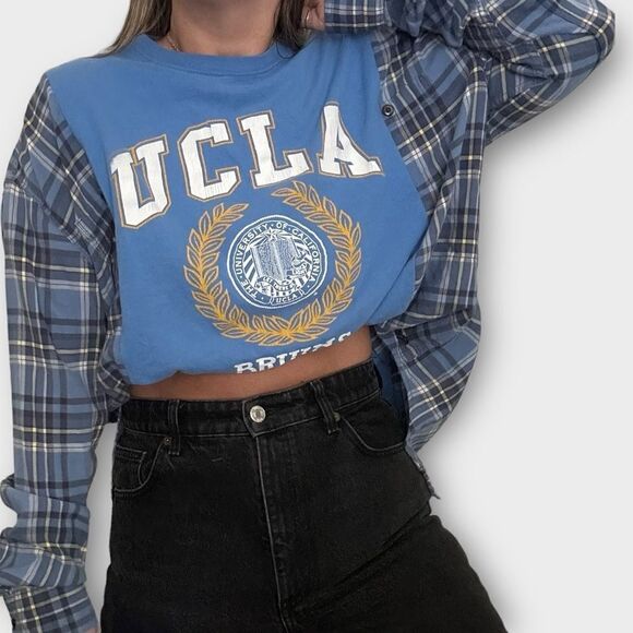 Reworked Upcycled UCLA Blue Plaid Long Sleeved Two Tone Casual Relaxed Shirt - Picture 1 of 3